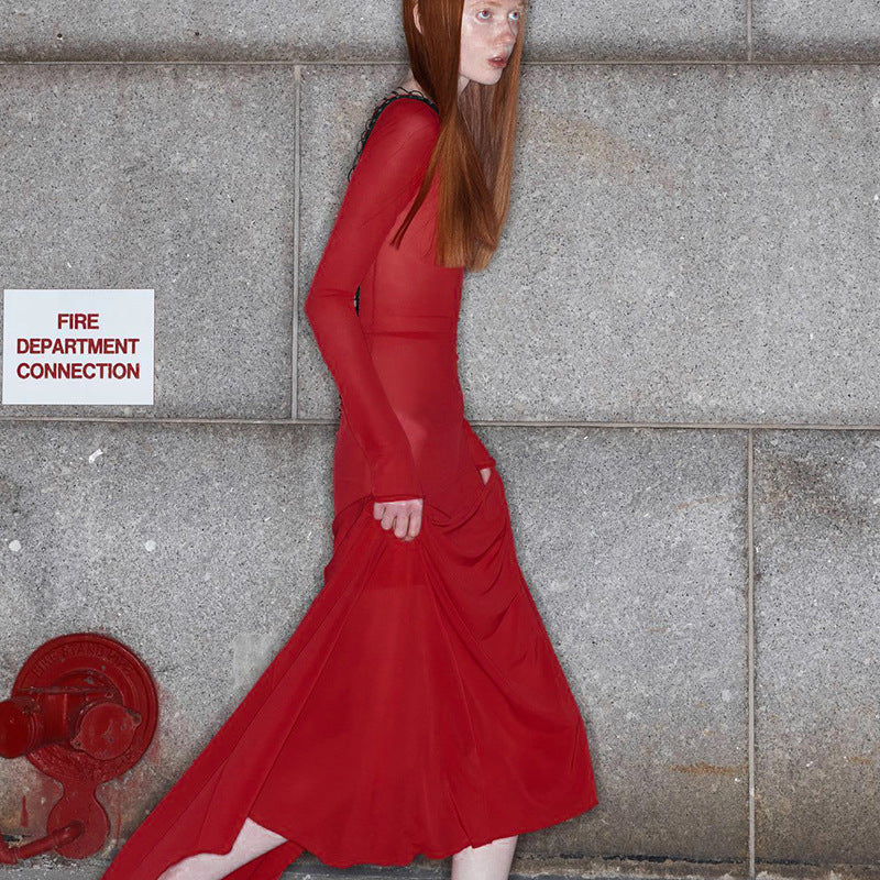 Autumn Women Clothing Sexy Mesh Backless Lace up Long Sleeve Super Maxi Dress for Women Bella Mia